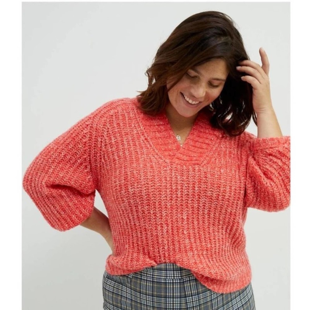 Anthropologie Honore Ribbed V-Neck Pullover Wool Blend Sweater Sz L